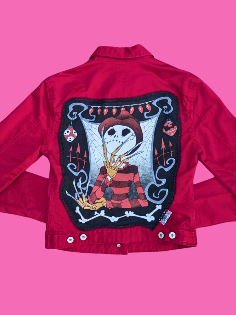 Nightmare Before Christmas ''Freddy Krueger'' Upcycled T-Shirt Red Denim Jacket